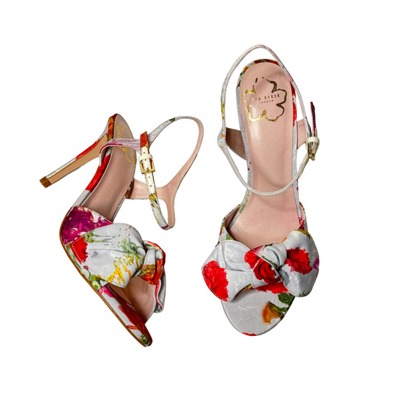 Ted Baker Ivory Neelia Floral Print Bow Heeled Sandals NEW Size 37.5 - US 7.5 - Picture 2 of 12